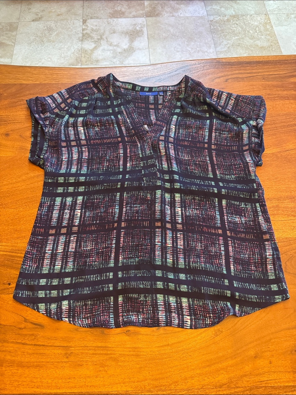 Apt. 9 Navy Blouse with Teal and Burgundy Graphic Print